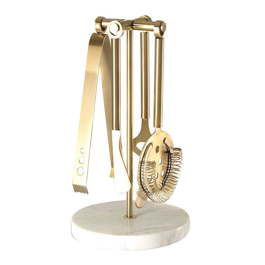 Wheel and Barrow Bar Tool Set Gold Stainless Steel With Marble Base | Bar Tools & Accessories