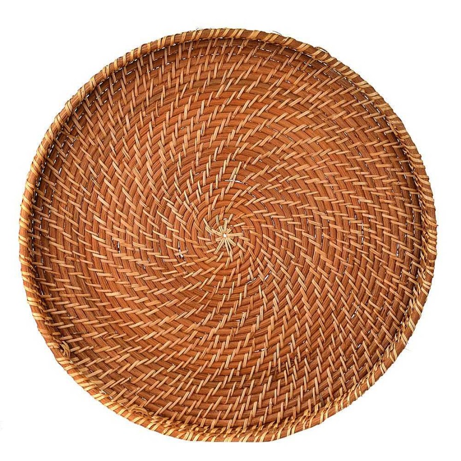 Wheel and Barrow Rattan Tray Round With Handles Honey Brown Large 45X35Cm | Home Storage