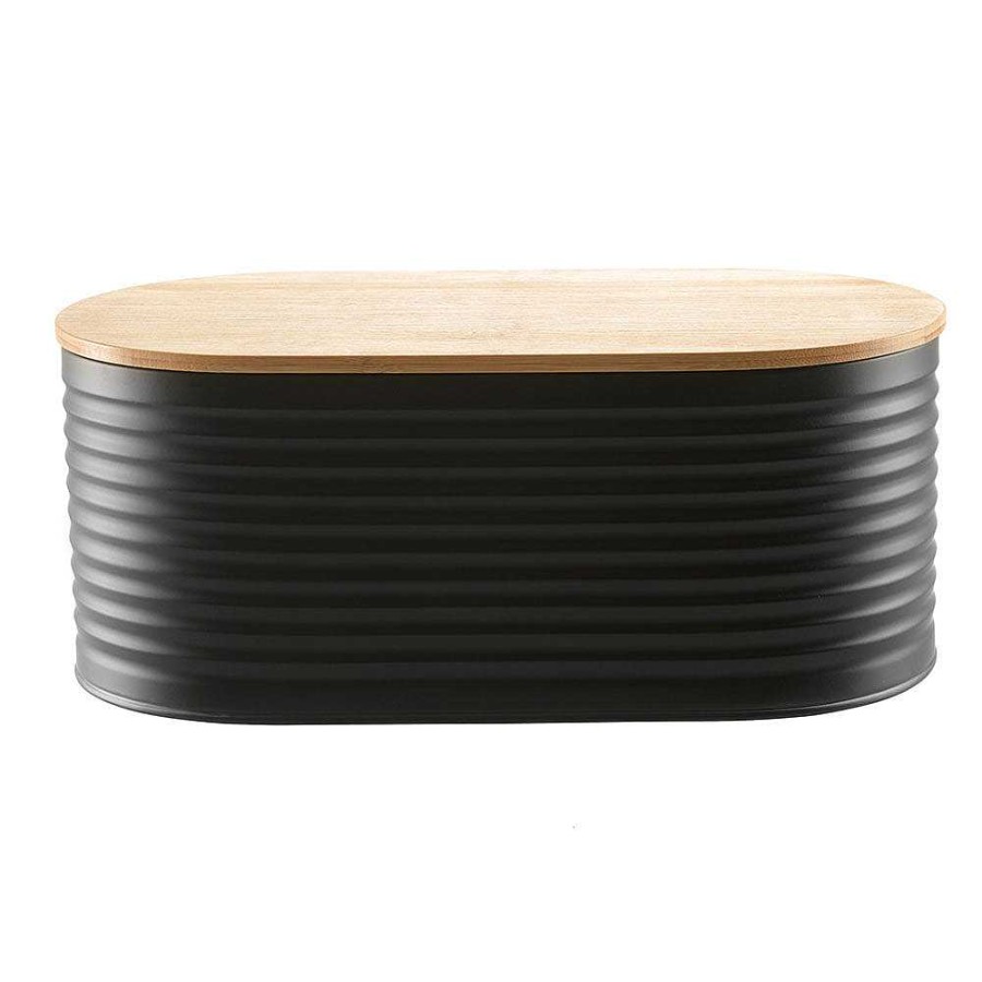 Wheel and Barrow Bread Bin Black Metal With Bamboo Lid 34X19X13Cm | Home Storage