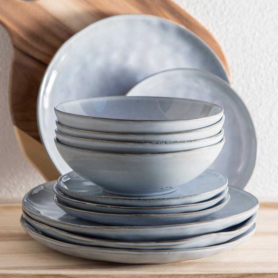 Wheel and Barrow Stoneware Dinner Set Light Blue 12 Piece | Dinnerware Sets