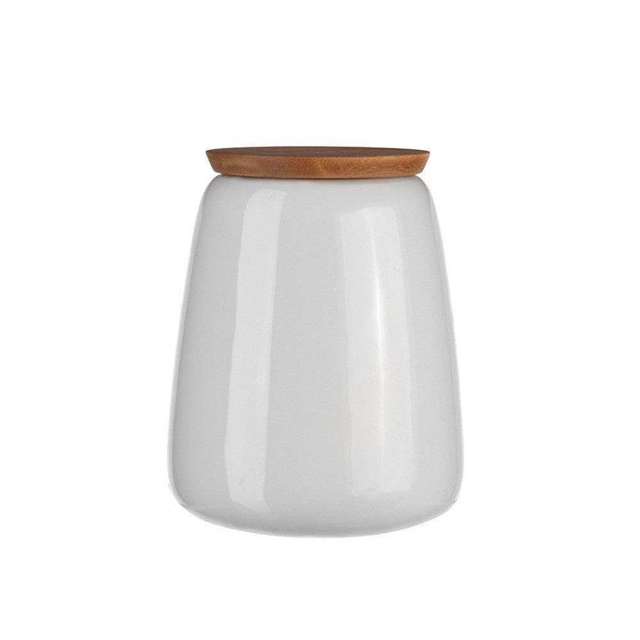 Wheel and Barrow Bone China Canister White With Wooden Lid 13X15Cm | Home Storage