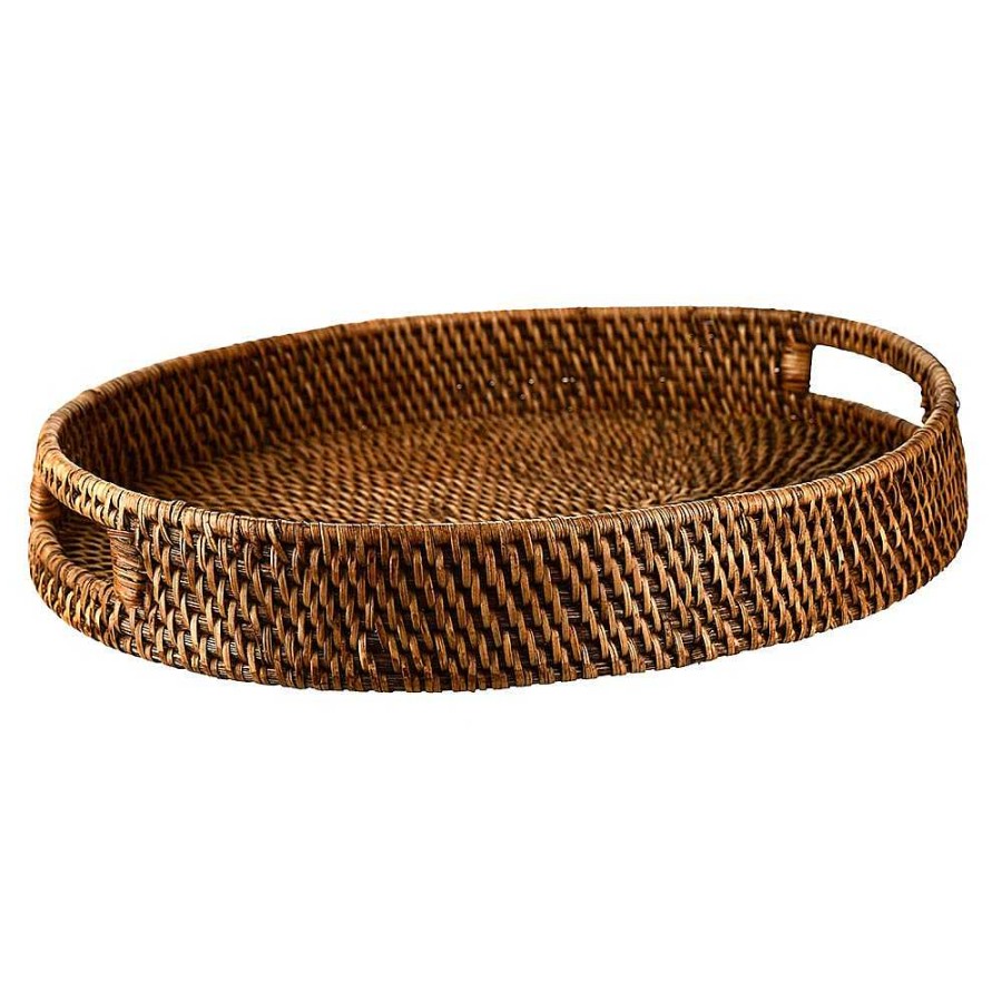 Wheel and Barrow Rattan Tray Oval With Handles Dark Brown 45X35Cm | Sunrise Range