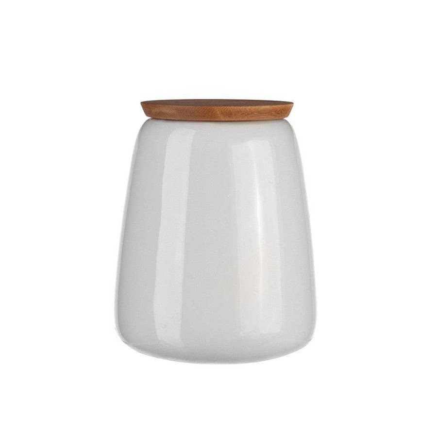 Wheel and Barrow Bone China Canister White With Wooden Lid 13X15Cm | Kitchen Storage