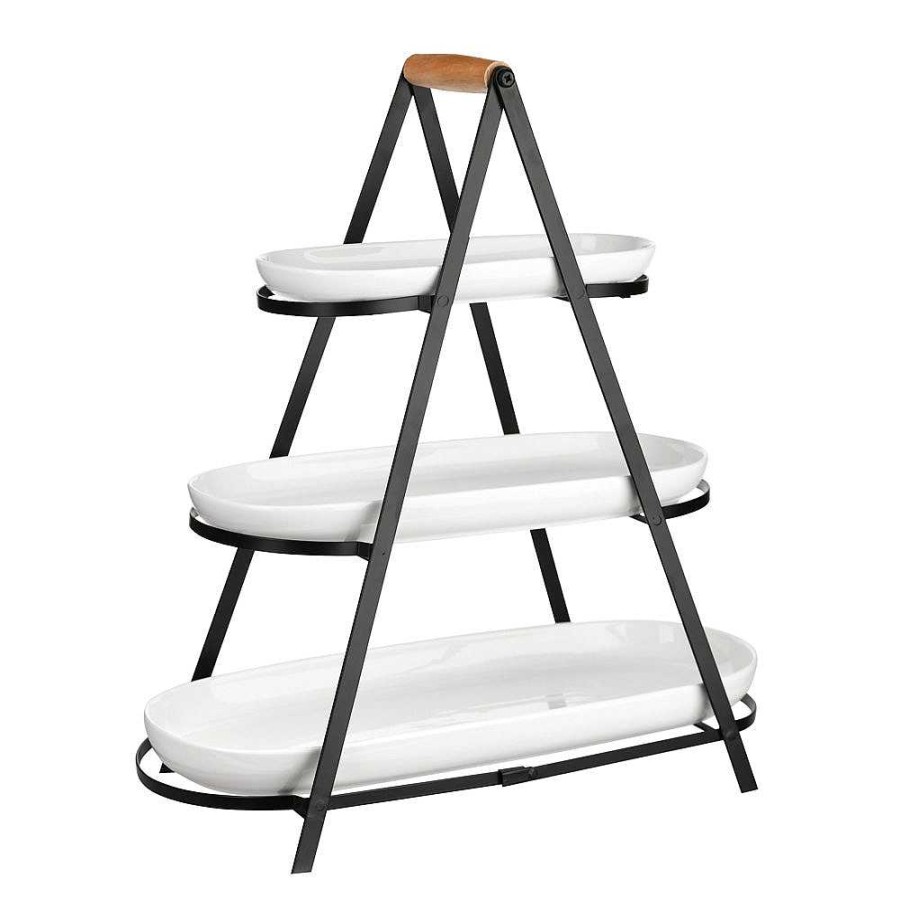 Wheel and Barrow Serving Stand Black 3 Tier Oblong With White Platters 51X25X55Cm | Cake Stands, Tiered Stands & Servers