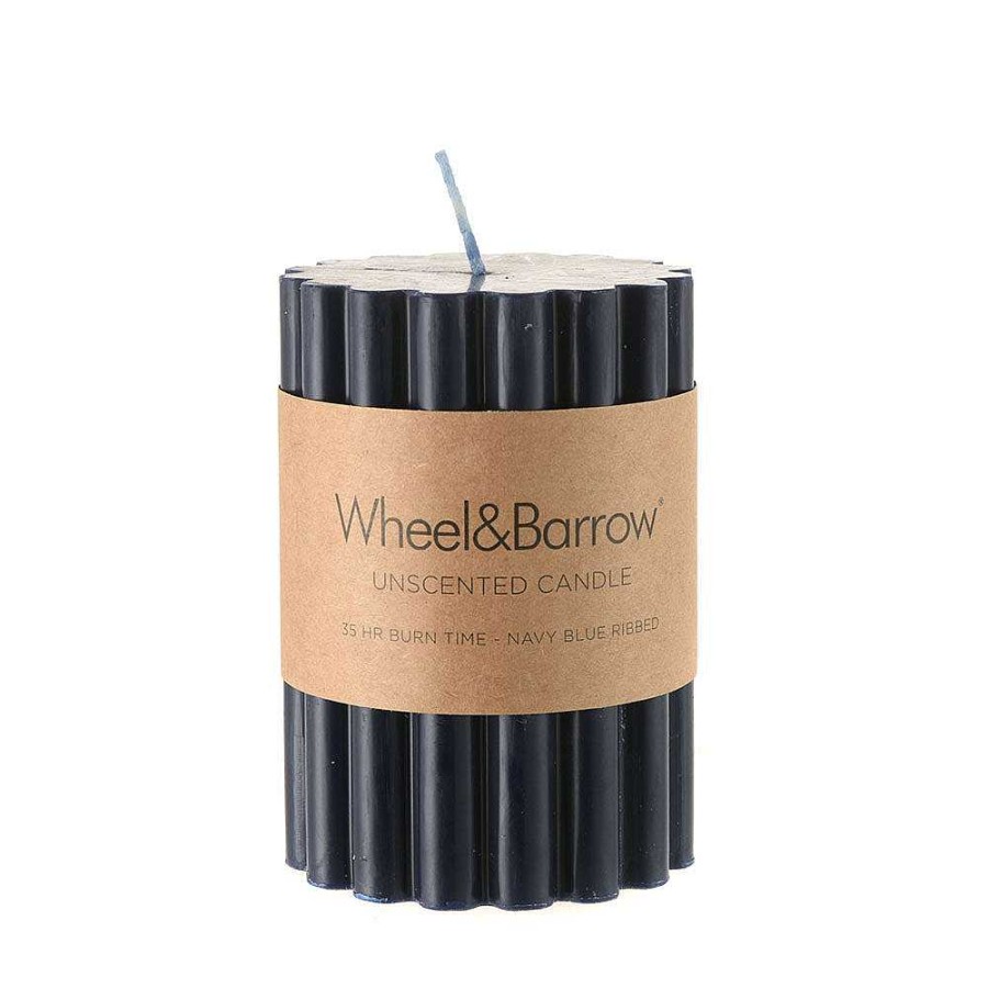 Wheel and Barrow Candle Pillar Ribbed Navy Blue 7X10Cm | Candles & Home Fragrance