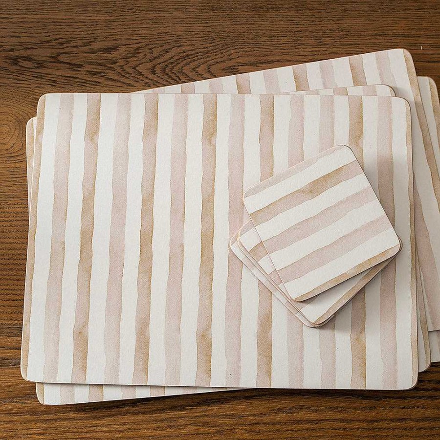 Wheel and Barrow Cork Backed Coaster Square Set/4 Neutral Stripe 12.5Cm | Blue Splash