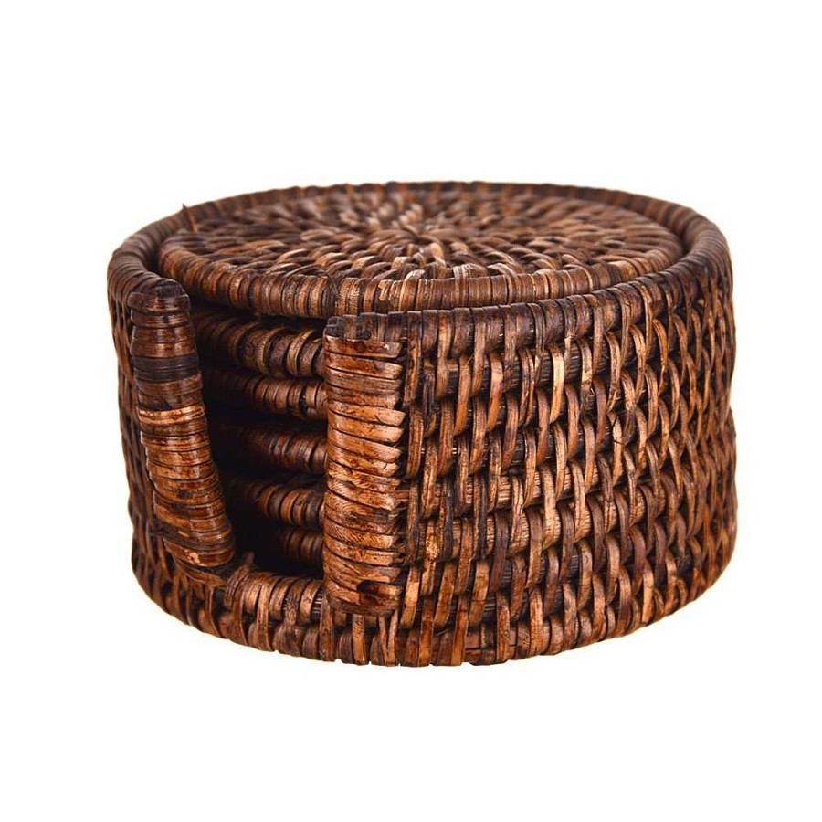 Wheel and Barrow Rattan Coaster Set/6 Dark Brown | Coasters