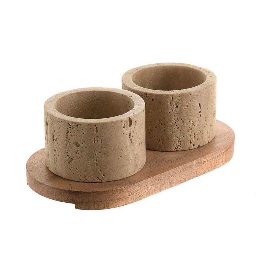 Wheel and Barrow Condiment Set Beige Travertine With Acacia Wood 19X10Cm | Condiments