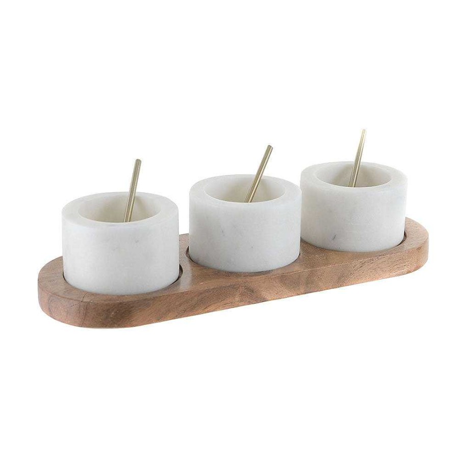 Wheel and Barrow White Marble Condiment Set 3 Pots With Brass Spoons | Condiments