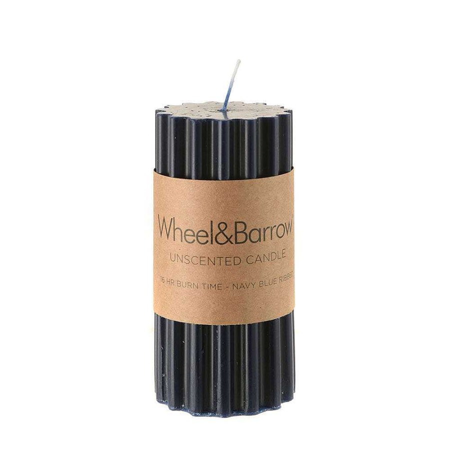 Wheel and Barrow Candle Pillar Ribbed Navy Blue 5X10Cm | Candles & Home Fragrance