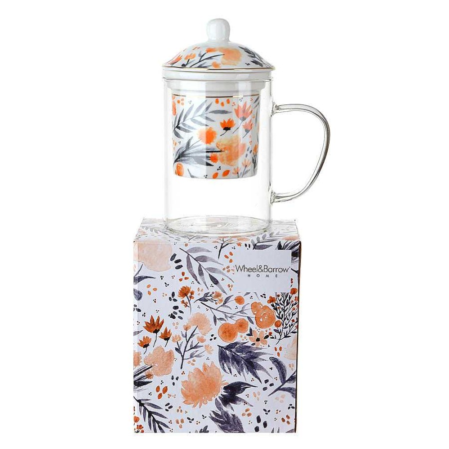 Wheel and Barrow Tea Glass With Lid & Filter Orange Denim Floral Design 300Ml | Cups & Saucers