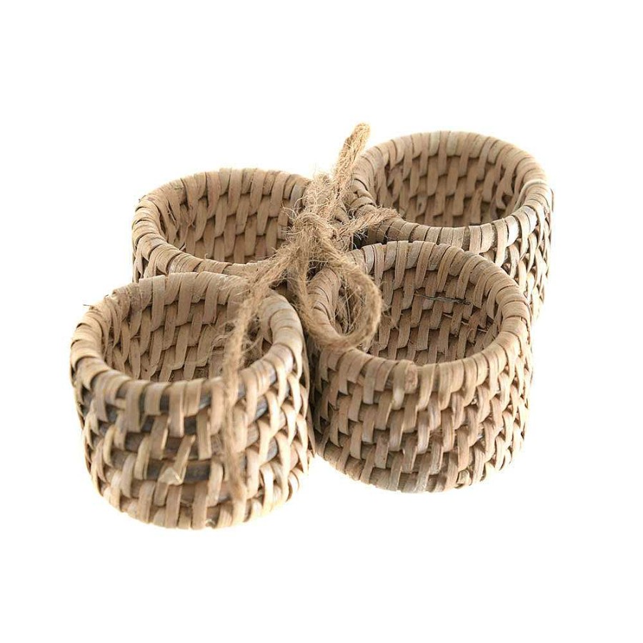 Wheel and Barrow Rattan Napkin Ring Set/4 White Wash | Blue Splash