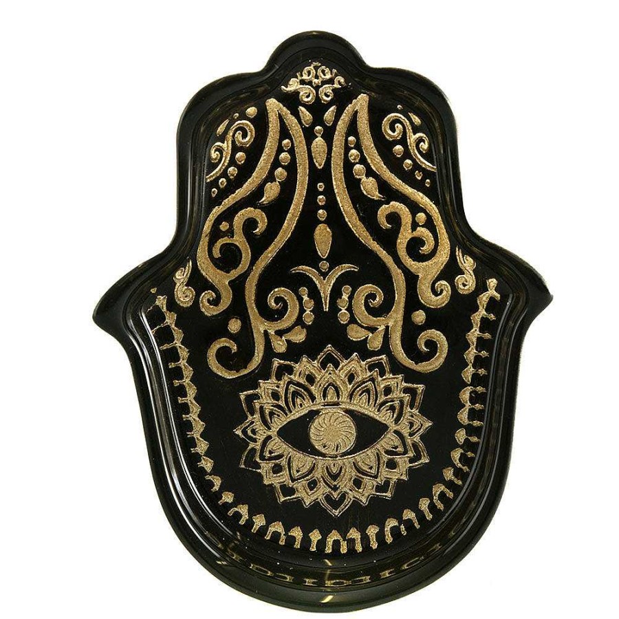 Wheel and Barrow Hamsa Plate Black & Gold Metallic 21X17X3Cm | Turkish Delight