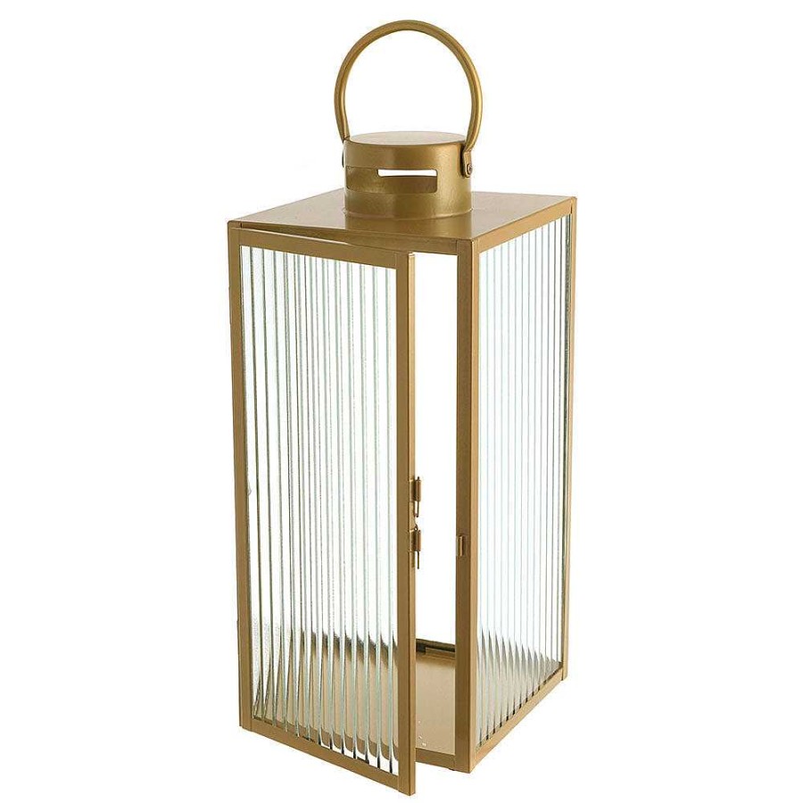 Wheel and Barrow Lantern Rectangle Steel Gold With Ribbed Glass 40X19Cm | Lanterns & Hurricanes