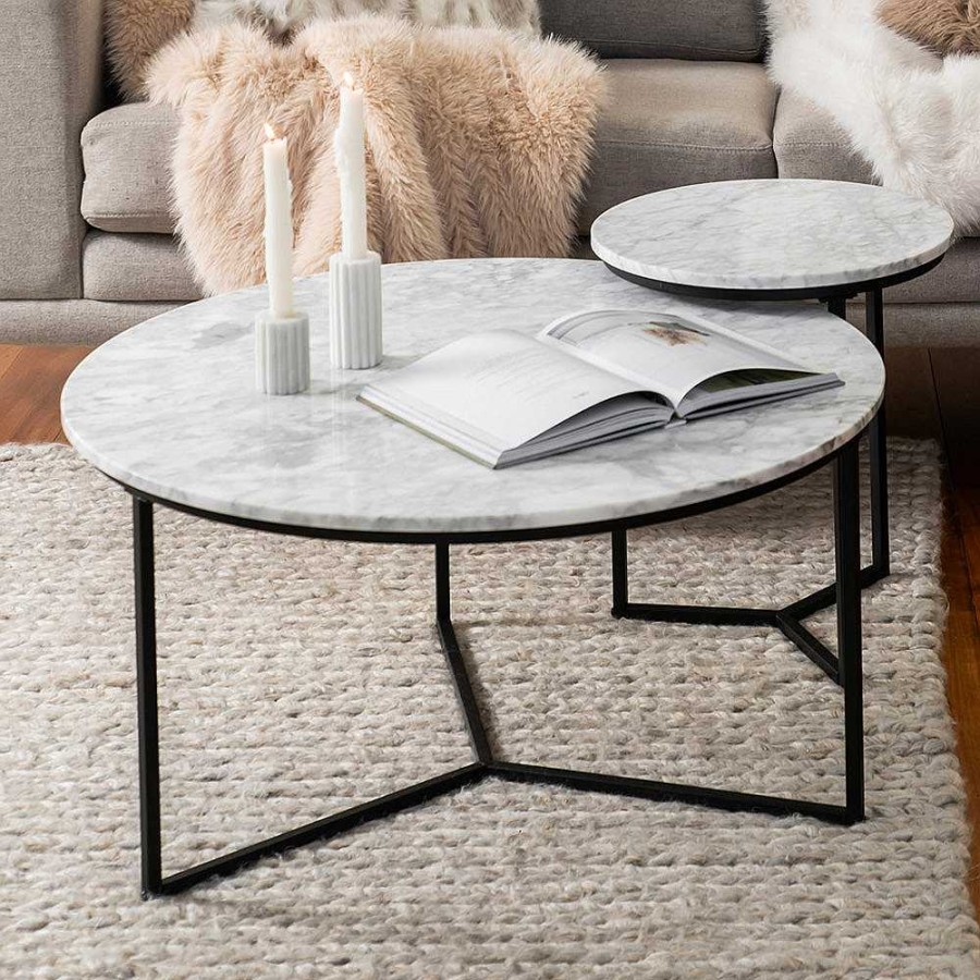 Wheel and Barrow Coffee Table Marble/Metal White & Black 40X80Cm | Furniture