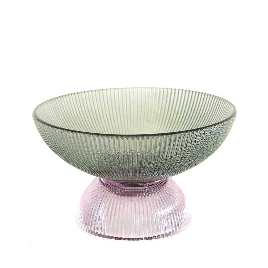 Wheel and Barrow Glass Footed Bowl Green Purple 15X18.5Cm | Salad & Serving Bowls