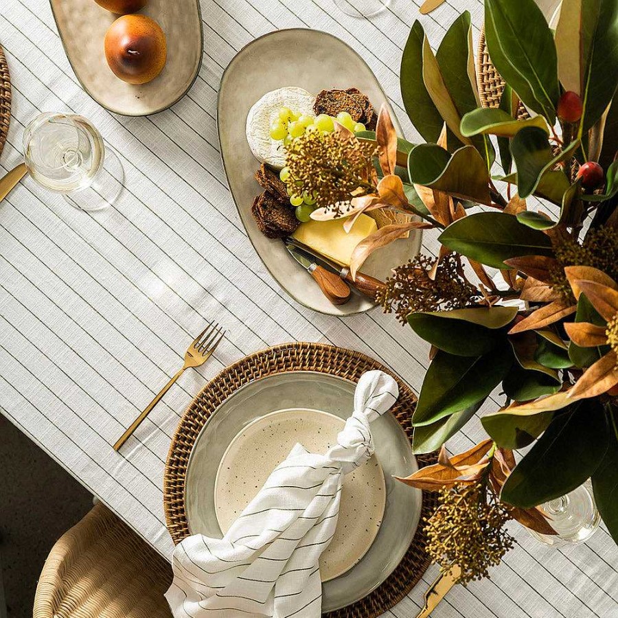 Wheel and Barrow Pinstripe Tablecloth White & Olive 150X350Cm | Table Cloths