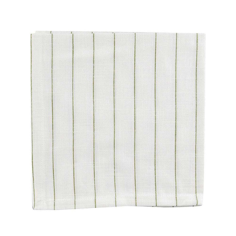 Wheel and Barrow Pinstripe Napkin White & Olive 45X45Cm | Napkins