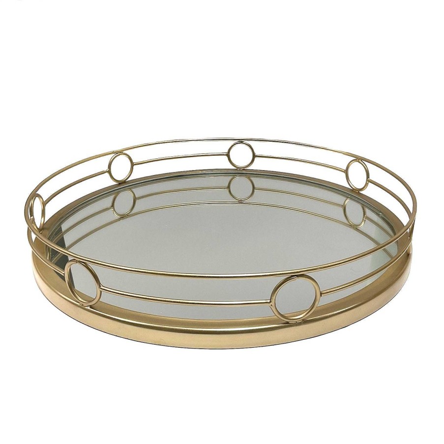 Wheel and Barrow Tray Round With Gold Circle Side Frame 40X9Cm | Gold Barware