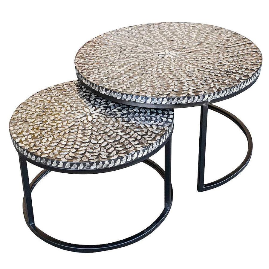 Wheel and Barrow Coffee Table Capiz Inlay Black/White Leaves 60X38Cm (Small) | Furniture