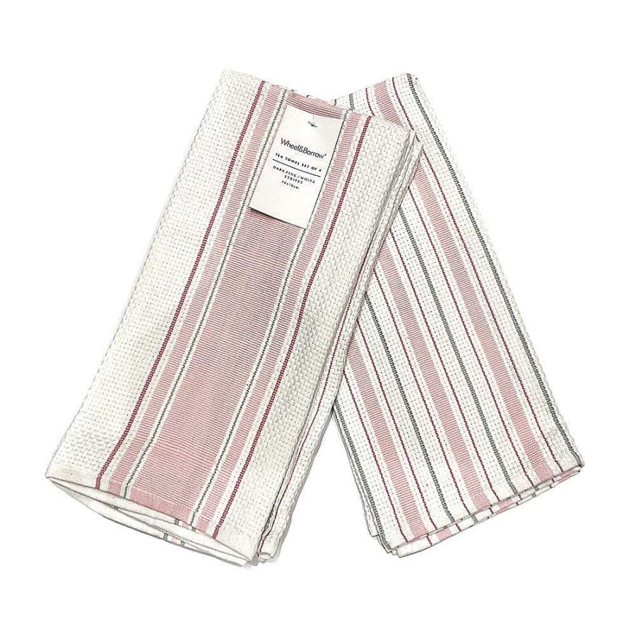 Wheel and Barrow Tea Towel Set/4 Dark Pink & White Stripe | Tea Towels