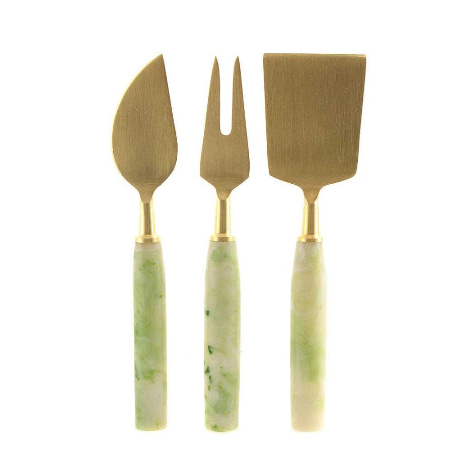 Wheel and Barrow Cheese Knife Set/3 Gold With Green Resin Handle | Wine & Cheese Tasting