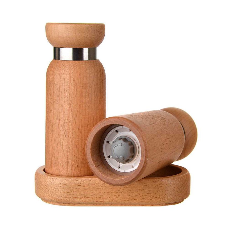 Wheel and Barrow Premium Beech Wood Salt & Pepper Grinders With Tray | Condiments