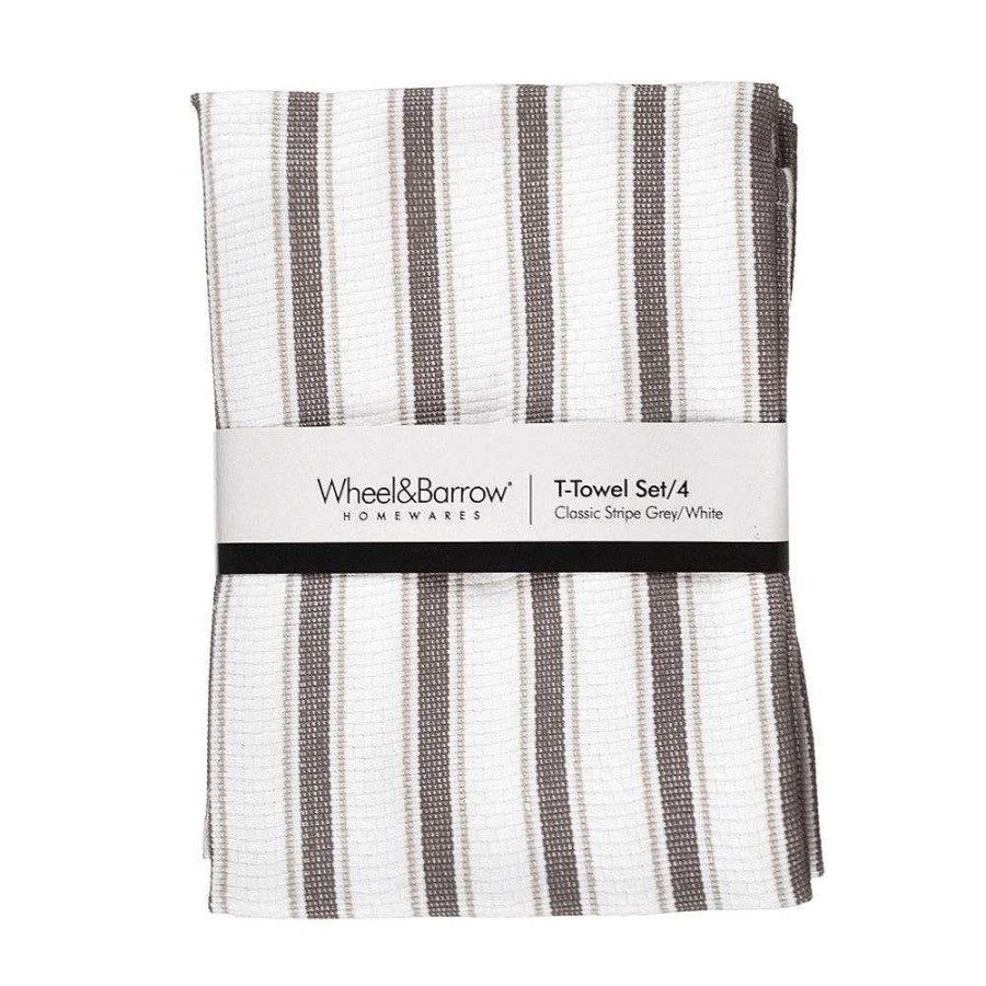 Wheel and Barrow Tea Towel Set/4 Classic Stripe Grey & White | Tea Towels