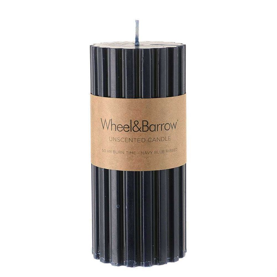 Wheel and Barrow Candle Pillar Ribbed Navy Blue 7X15Cm | Candles & Home Fragrance