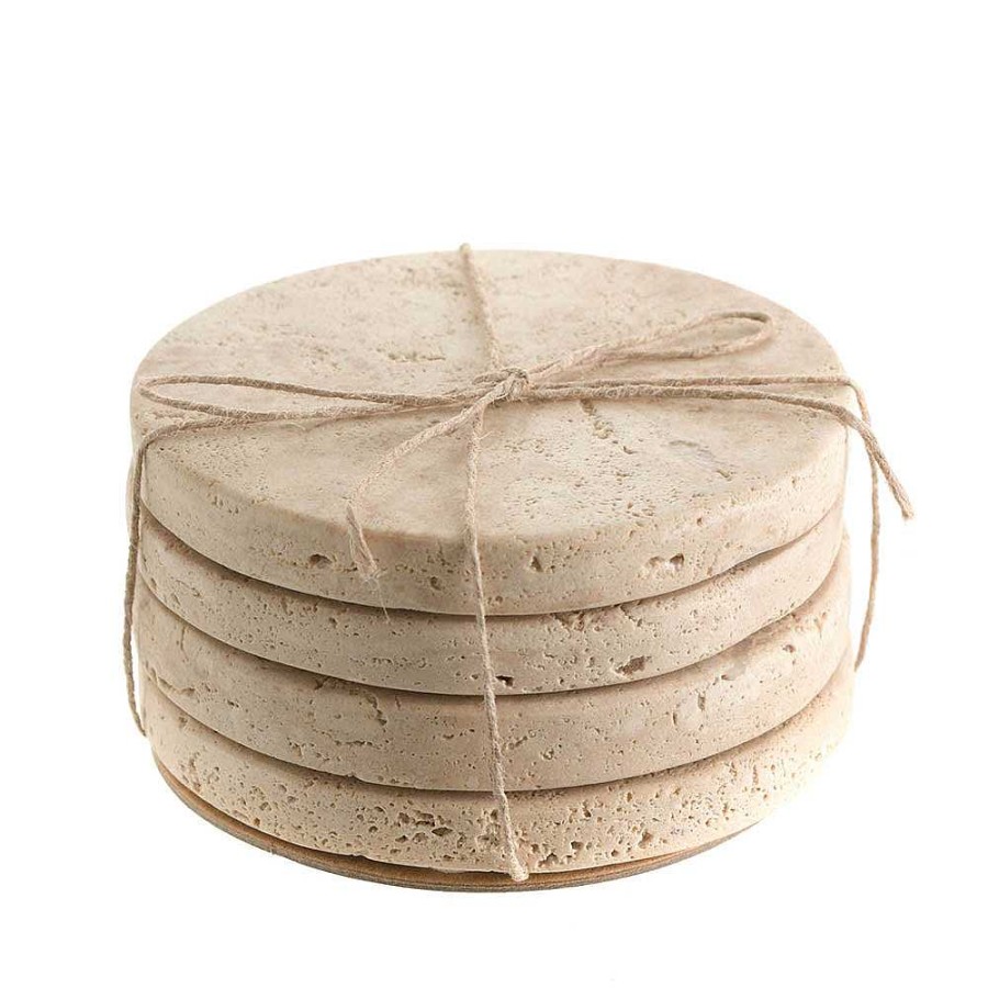 Wheel and Barrow Coaster Round Beige Travertine Set/4 | Coasters