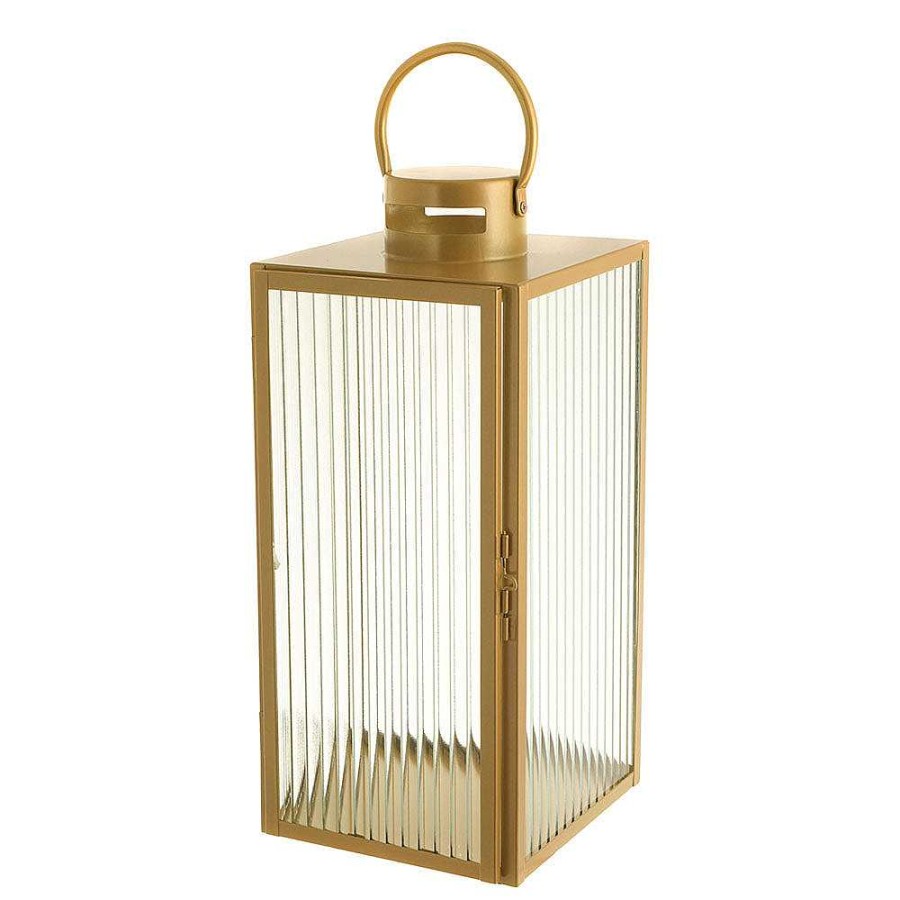 Wheel and Barrow Lantern Rectangle Steel Gold With Ribbed Glass 21X53Cm | Lanterns & Hurricanes