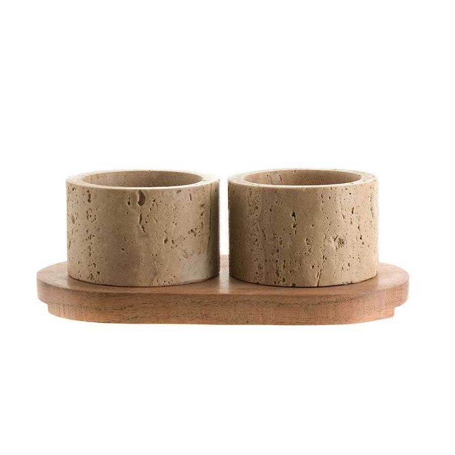 Wheel and Barrow Condiment Set Beige Travertine With Acacia Wood 19X10Cm | Coasters