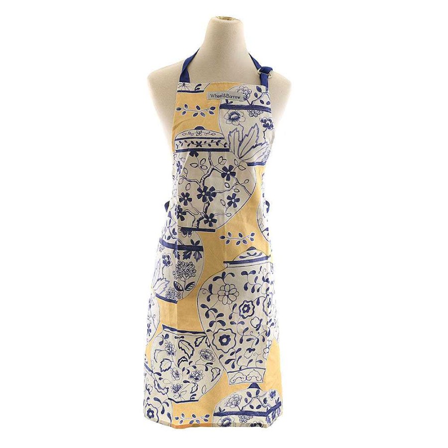 Wheel and Barrow Apron Teapot Print Blue White & Yellow | Aprons