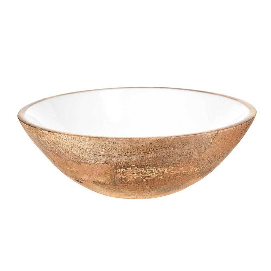 Wheel and Barrow Mango Wood Bowl Plain White Enamel Inside 30X9.5Cm | Salad & Serving Bowls