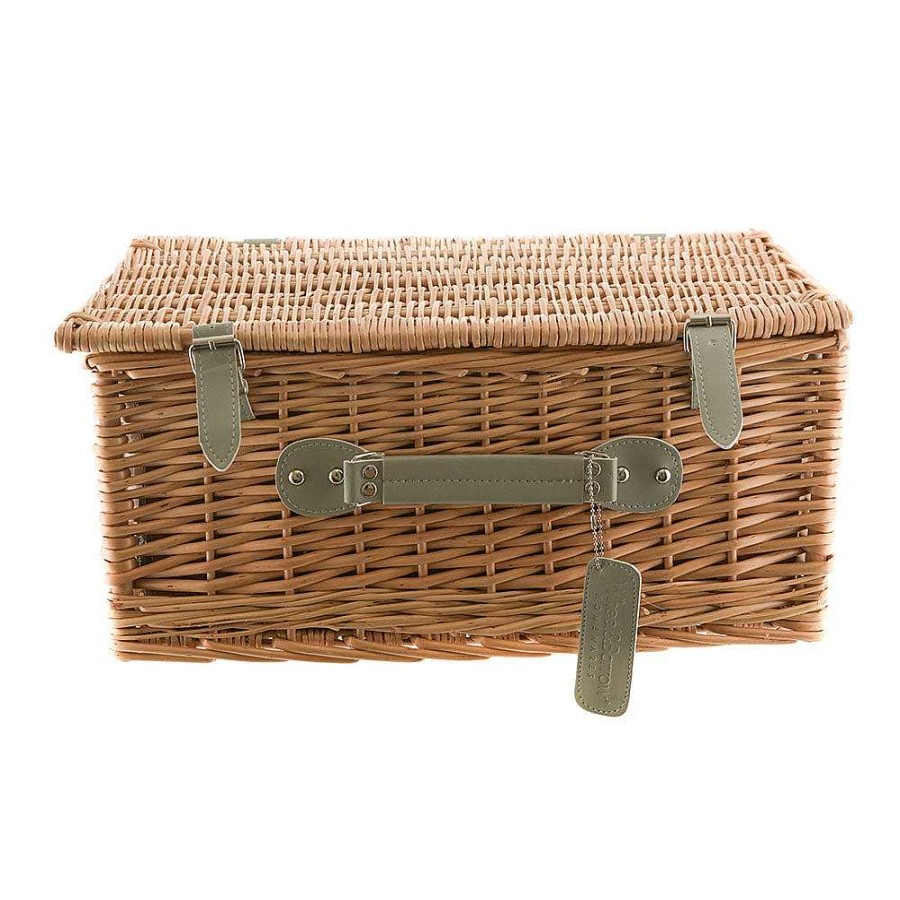 Wheel and Barrow 4 Person Picnic Basket Natural Wicker With Green Gingham | Picnic Basket & Blankets