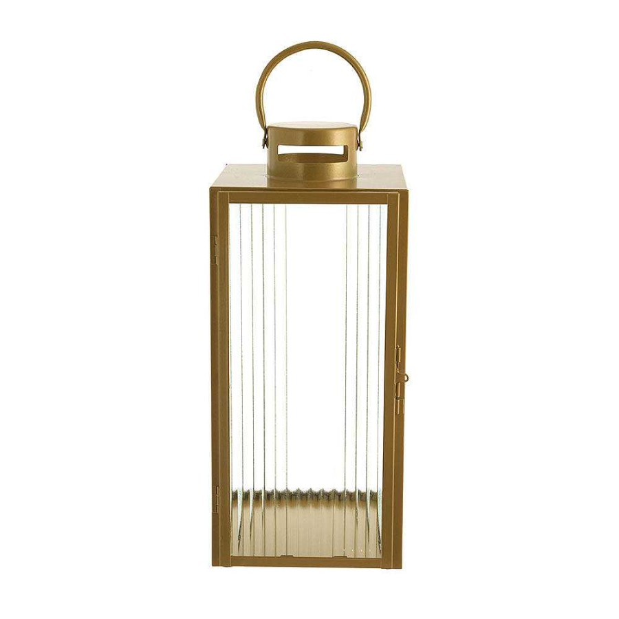 Wheel and Barrow Lantern Rectangle Steel Gold With Ribbed Glass 40X19Cm | Lanterns & Hurricanes