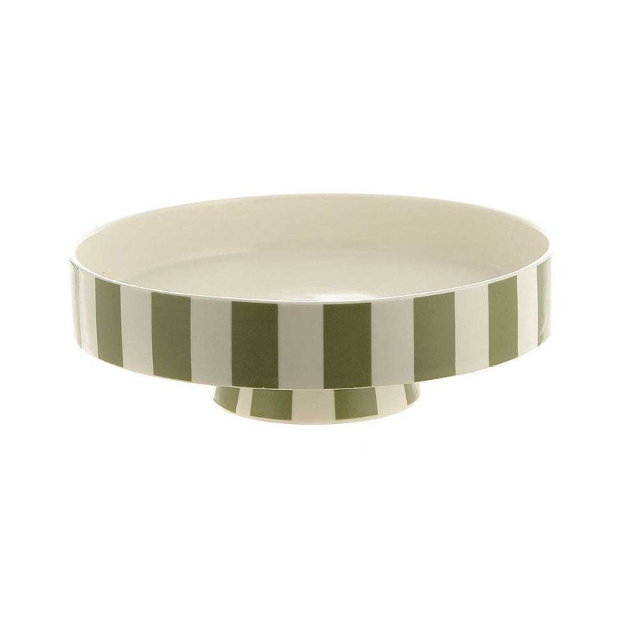 Wheel and Barrow Bowl Footed Ceramic Olive/White Stripe 22X7Cm | Salad & Serving Bowls