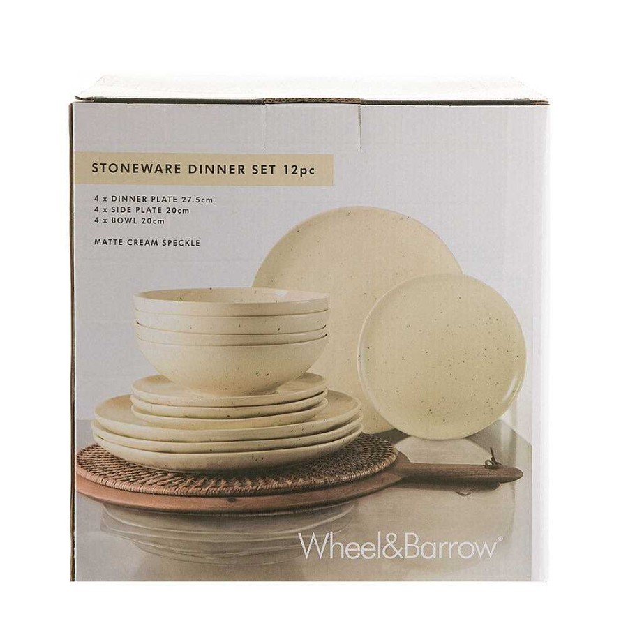 Wheel and Barrow Stoneware Dinner Set Matte Cream Speckle 12 Piece | Dinnerware Sets