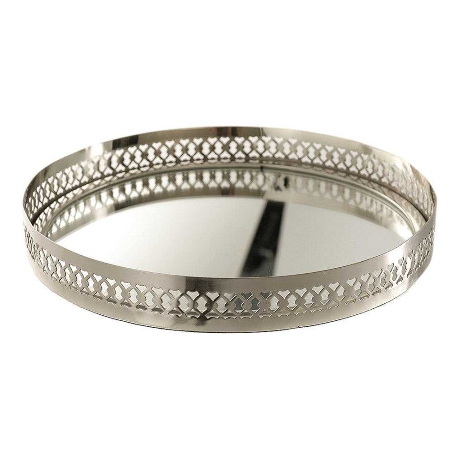 Wheel and Barrow Filigree Tray Round Etched Nickel 30X30X4Cm | Rustic Silver Barware