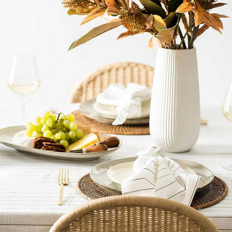 Wheel and Barrow Pinstripe Tablecloth White & Olive 150X350Cm | Table Cloths