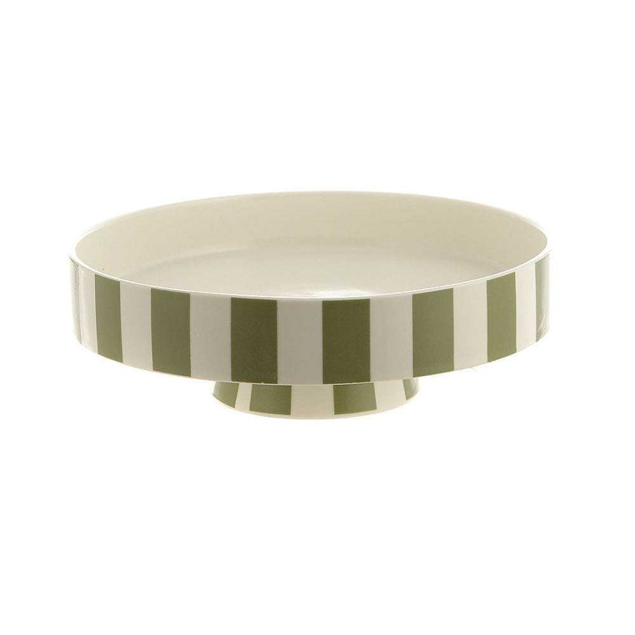 Wheel and Barrow Bowl Footed Ceramic Olive/White Stripe 22X7Cm | Condiments