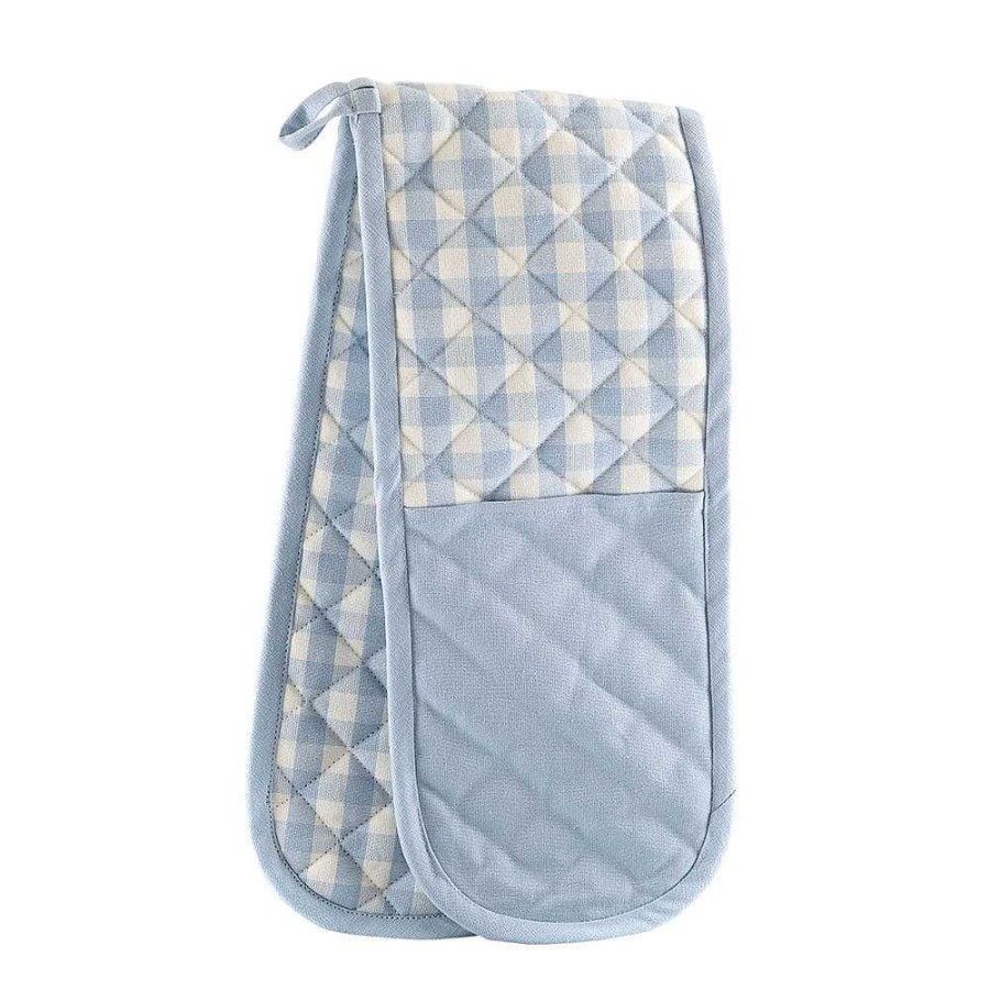 Wheel and Barrow Gingham Double Oven Mitt Blue | Aprons & Oven Mitts