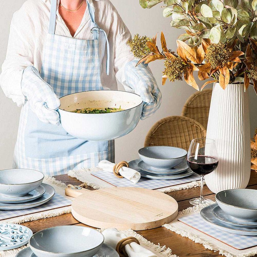 Wheel and Barrow Gingham Double Oven Mitt Blue | Aprons & Oven Mitts