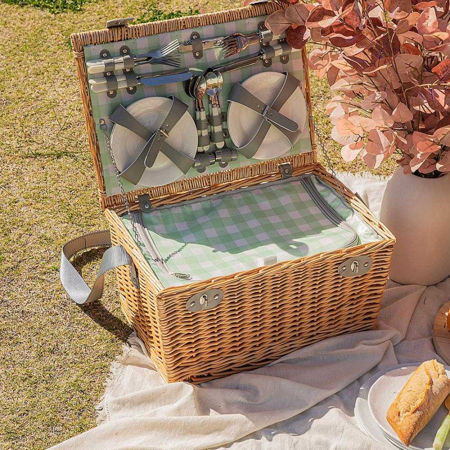 Wheel and Barrow 6 Person Picnic Basket Natural Wicker With Green Gingham | Picnic Basket & Blankets