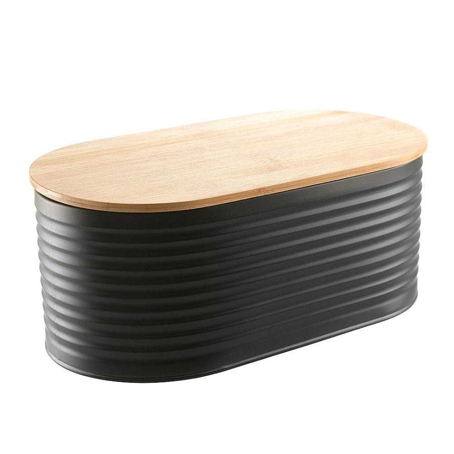 Wheel and Barrow Bread Bin Black Metal With Bamboo Lid 34X19X13Cm | Bread Making Tools & Accessories