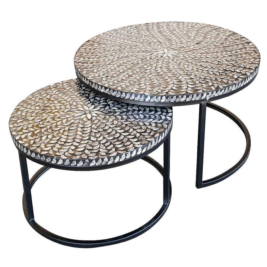 Wheel and Barrow Coffee Table Capiz Inlay Black/White Leaves 80X45Cm (Large) | Furniture