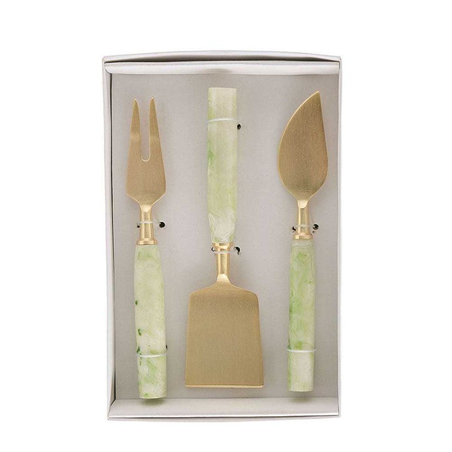 Wheel and Barrow Cheese Knife Set/3 Gold With Green Resin Handle | Wine & Cheese Tasting