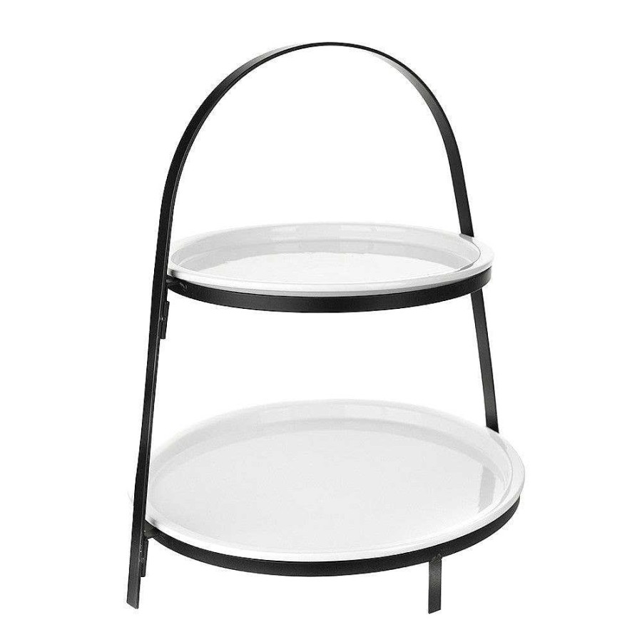 Wheel and Barrow Serving Stand Black 2 Tier Round With White Plates 33X28X35Cm | Serving Platters