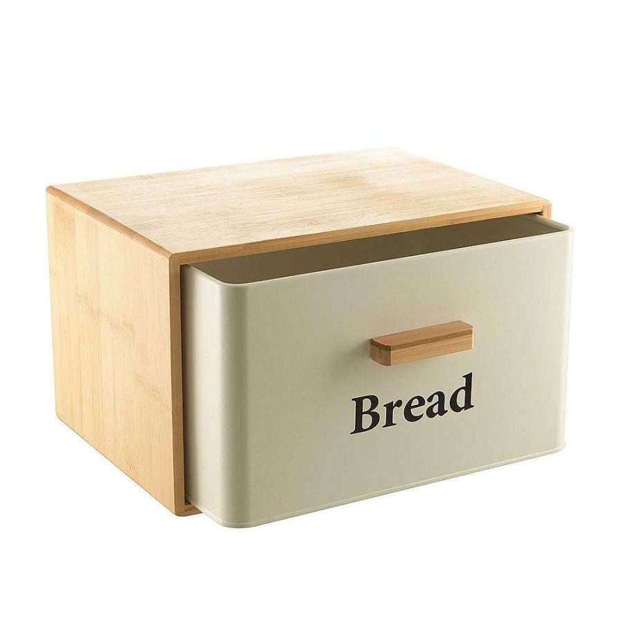 Wheel and Barrow Bread Bin White Metal With Bamboo Cover 30X23X18Cm | Bread Making Tools & Accessories