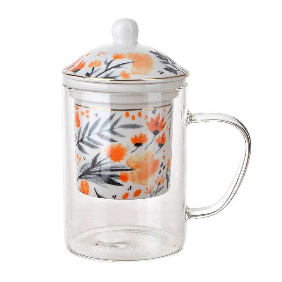 Wheel and Barrow Tea Glass With Lid & Filter Orange Denim Floral Design 300Ml | Cups & Saucers